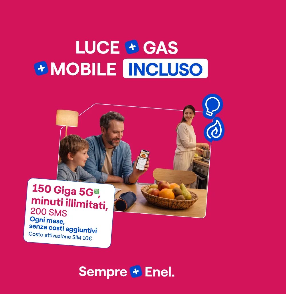 Promozione Enel con luce, gas e mobile incluso: famiglia che utilizza smartphone in cucina con simboli di utenze