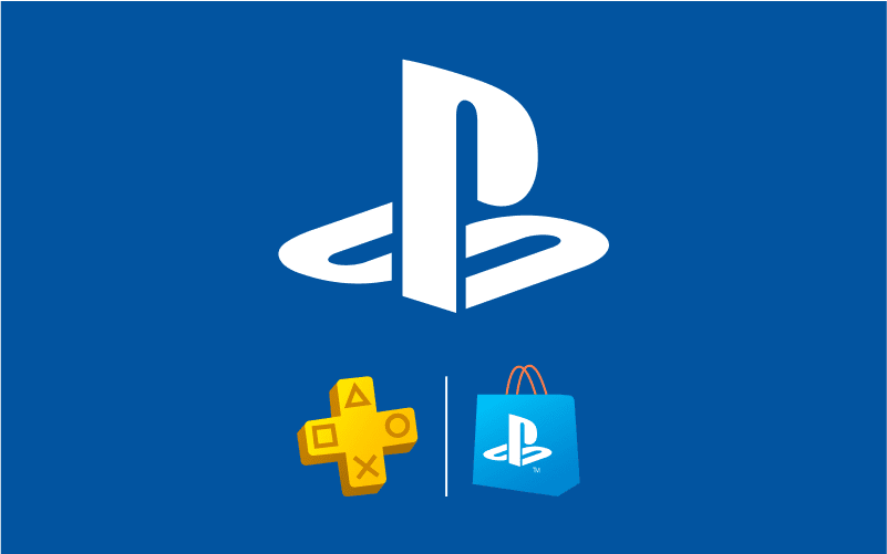 Blaues Logo mit weißem P-Symbol, PlayStation Plus-Ikone und türkiser Einkaufstasche